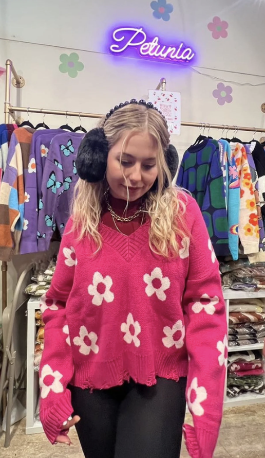 Daisy Print V Neck Sweater