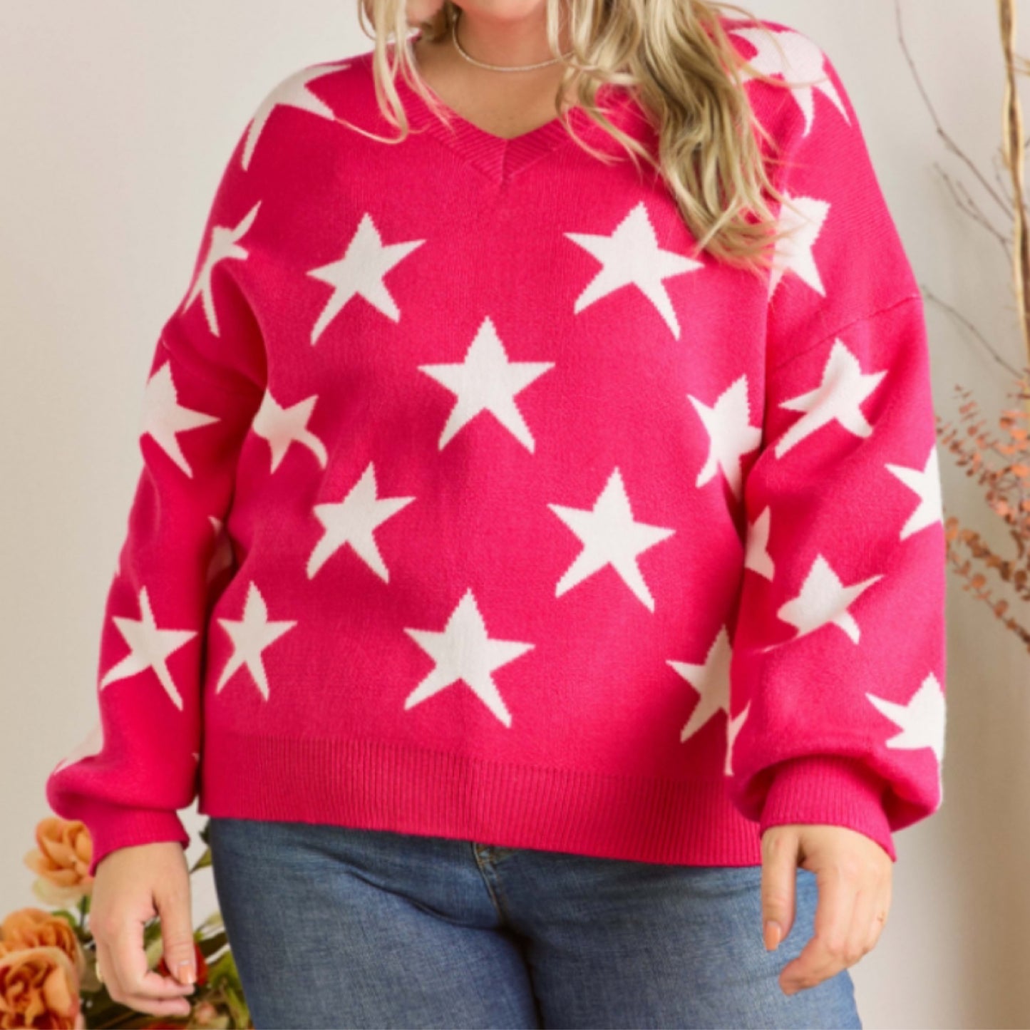 Hot pink with White Stars Sweater
