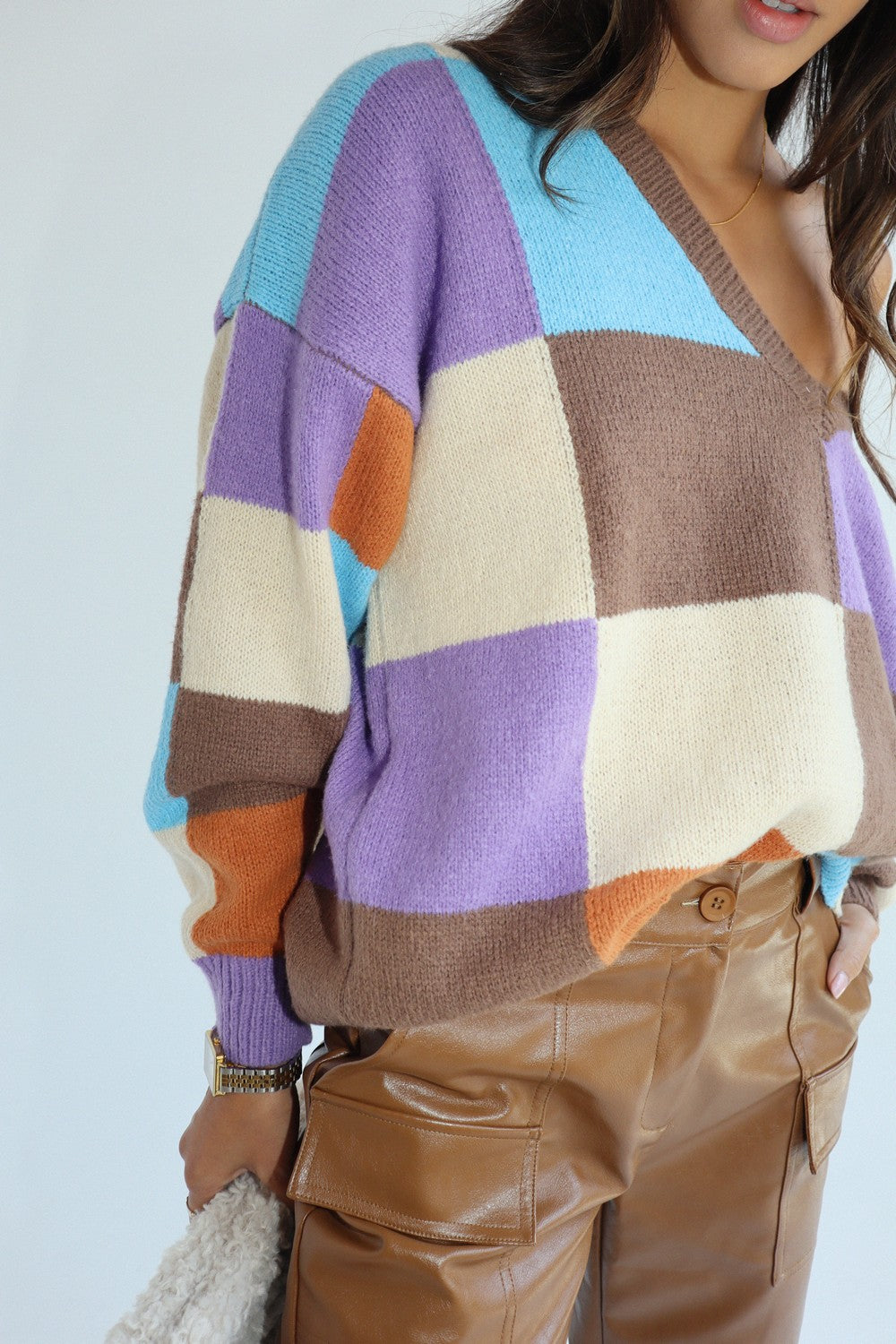 Color Block V Neck Sweater