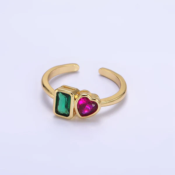 14K Gold Filled Green Baguette Fuchsia Heart Ring