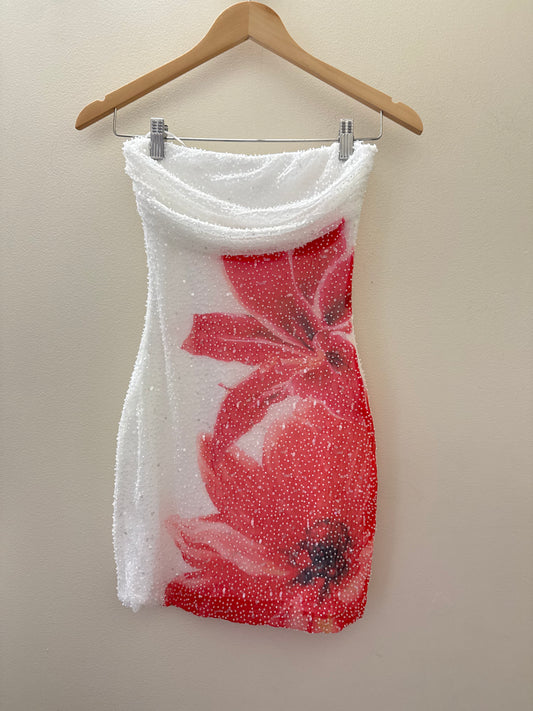 Bead Red Flower Mini Dress